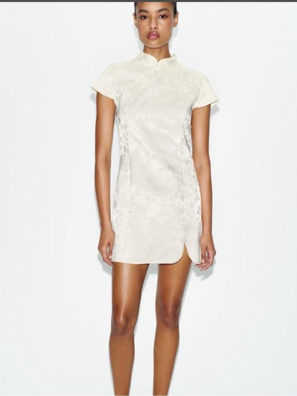 Zara Ivory Satin Mini Dress With Mandarin Collar
